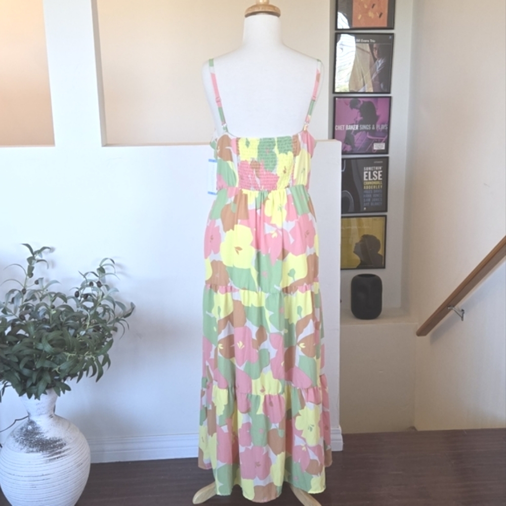 SANCTUARY Getaway Floral Smocked Back Spaghetti Strap Tiered Midi Dress Size L - Picture 11 of 16